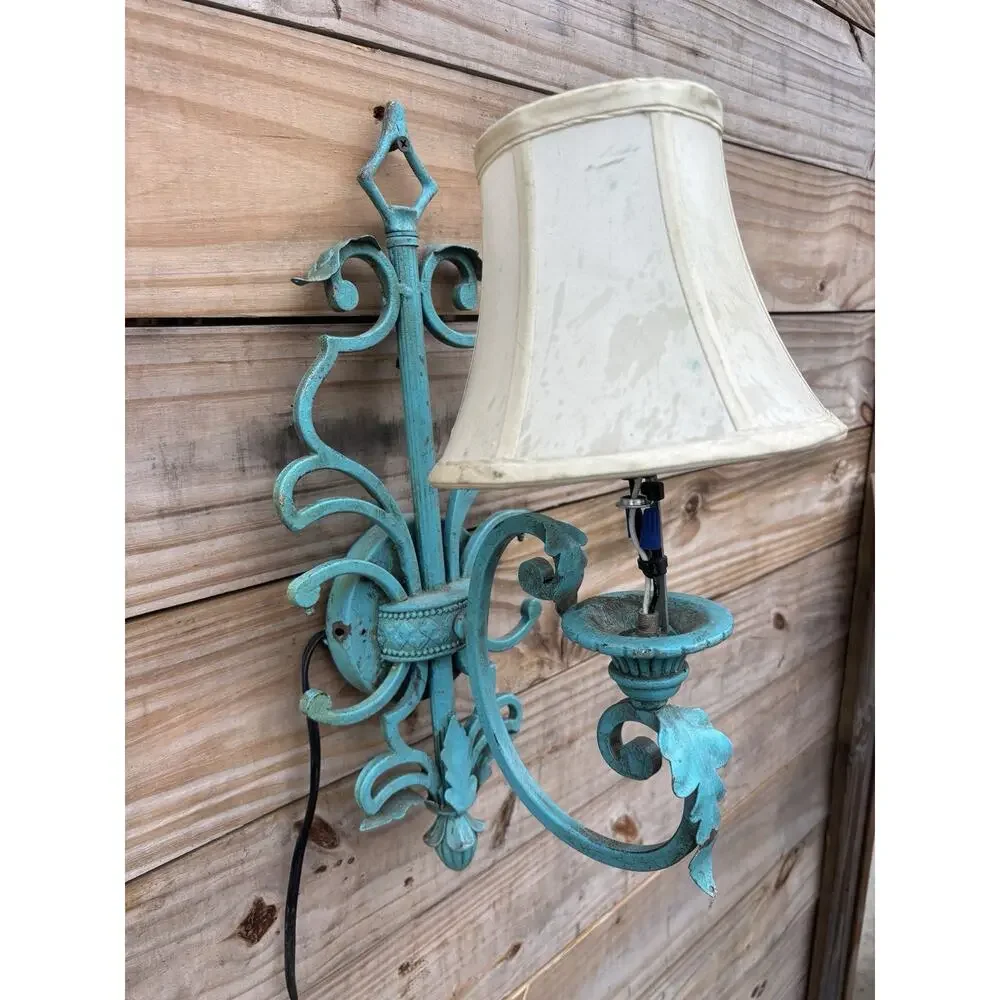Antique Wall Sconce Custom Painted Turquoise Rewired 19 Tall Teal Blue